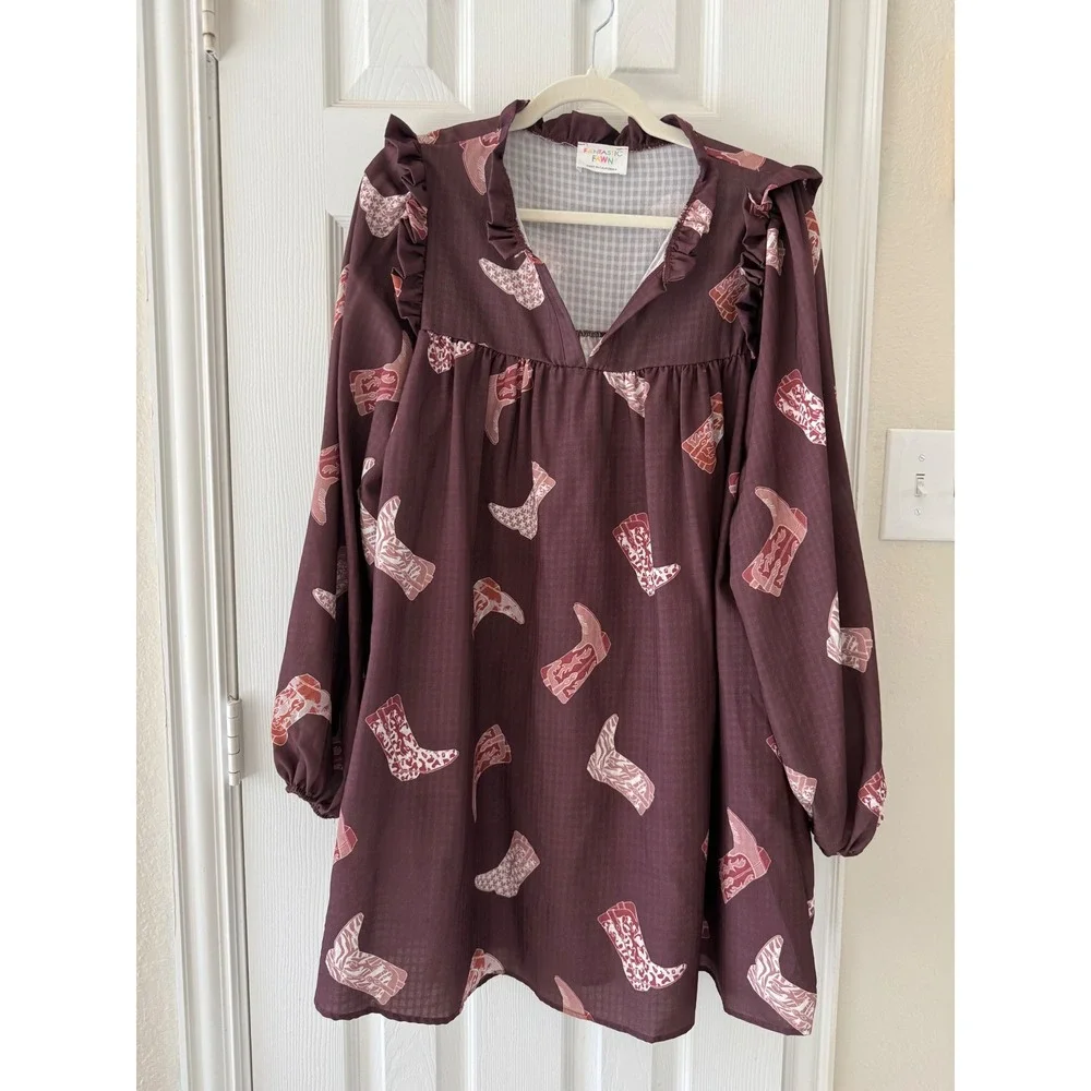 Fantastic‎ Fawn Brown Cowboy Boot Print Babydoll Dress Western Rodeo Boho L